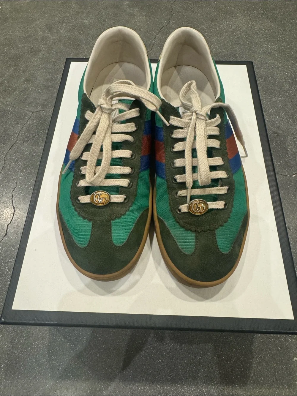 Gucci G74 Web Green Suede & Canvas and Nylon Sneakers with Blue and Red Stripes